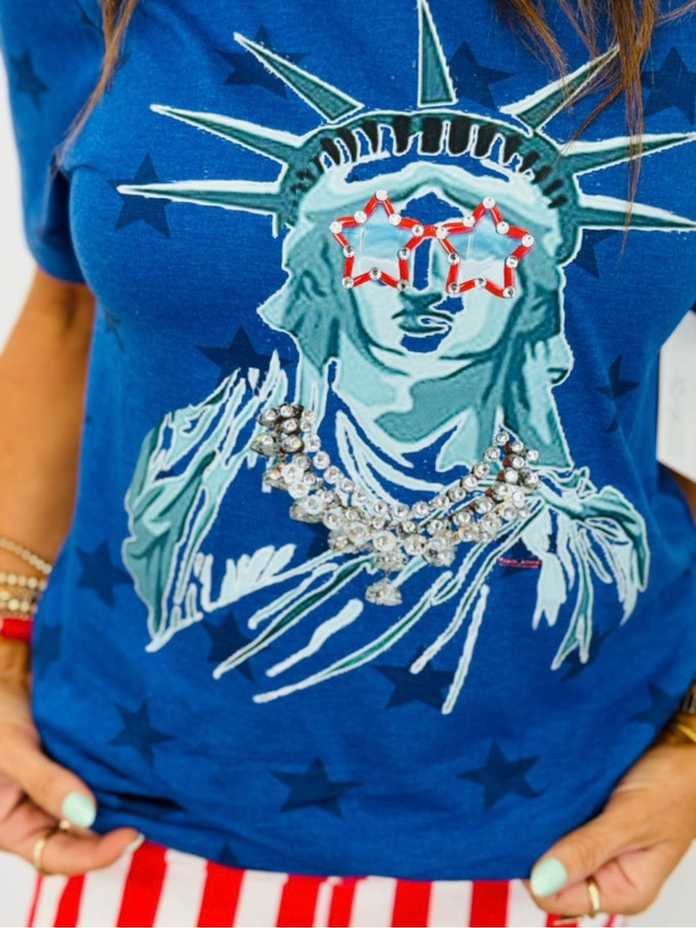 Blue Lady Liberty Rhinestone Bling Tee. Size 2X BRAND NEW!